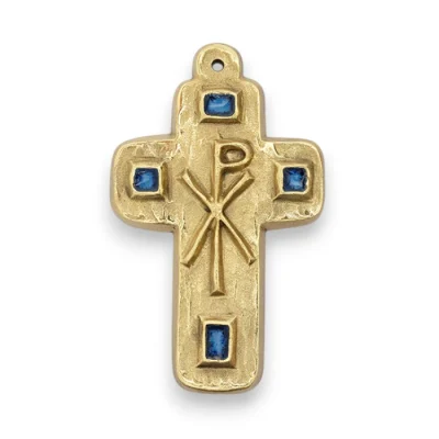Cabochons en émaux et Chrisme sur croix en bronze émaillé – 9,5 cm – L24