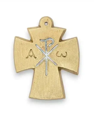 Alpha, Oméga, Chrisme sur croix en bronze émaillé – 9,4 cm – L27