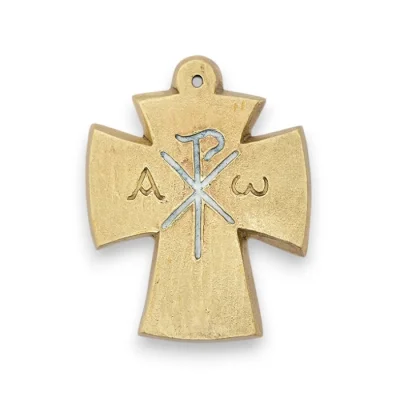 Alpha, Oméga, Chrisme sur croix en bronze émaillé – 9,4 cm – L27