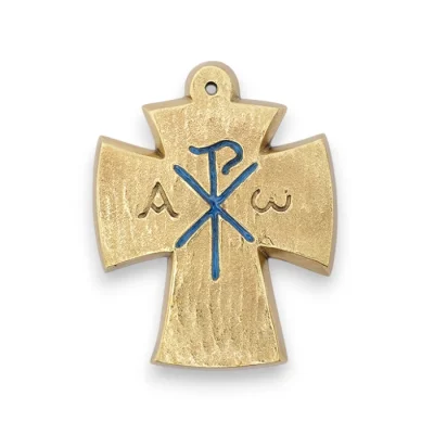 Alpha, Oméga, Chrisme sur croix en bronze émaillé – 9,4 cm – L27