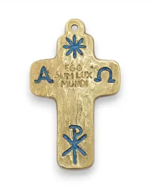 Croix murale latine arrondie, étoile et symboles émaillés – 9,5 cm – L22