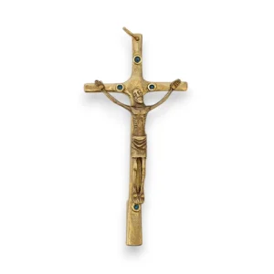 Christ patiné, monté sur croix émaillée, en bronze