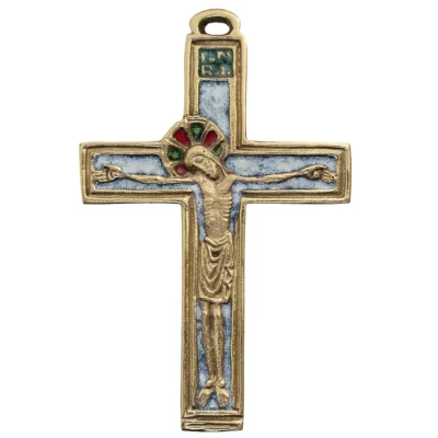 Crucifix médiéval, Christ sur croix en bronze émaillé – 11 cm – 036