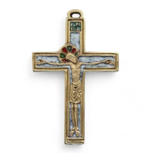 Crucifix médiéval, Christ sur croix en bronze émaillé – 11 cm – 036