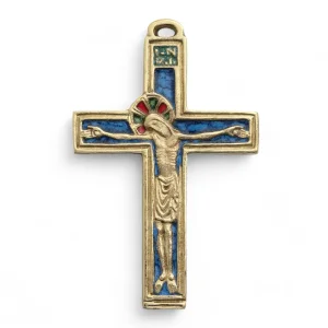 Crucifix médiéval, Christ sur croix en bronze émaillé – 11 cm – 036