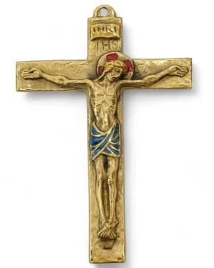 Christ sur croix latine en bronze émaillé – 14 cm – 0116