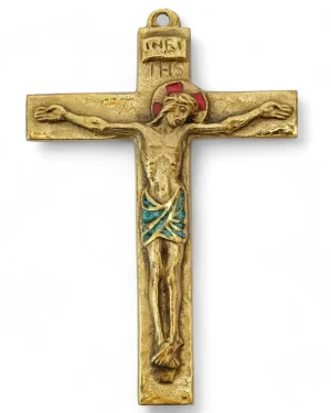 Christ sur croix latine en bronze émaillé – 14 cm – 0116