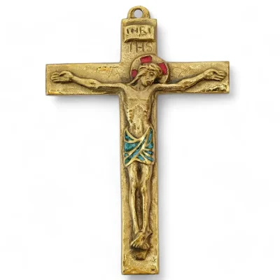 Christ sur croix latine en bronze émaillé – 14 cm – 0116