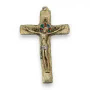 Crucifix en bronze, Christ sur croix émaillée romane INRI