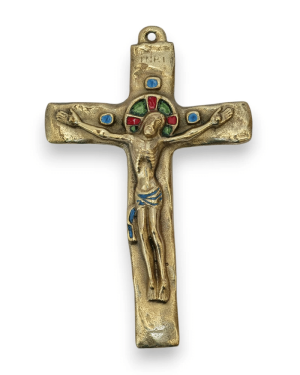 Crucifix en bronze, Christ sur croix émaillée romane INRI – 15,5 cm – 062