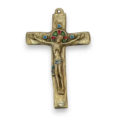 Crucifix en bronze, Christ sur croix émaillée romane INRI – 15,5 cm – 062