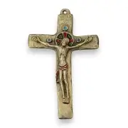 Crucifix en bronze, Christ sur croix émaillée romane INRI