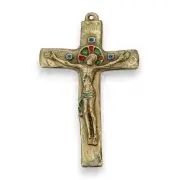 Crucifix en bronze, Christ sur croix émaillée romane INRI