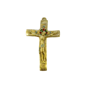 Crucifix en bronze, Christ sur croix émaillée romane INRI – 15,5 cm – 062