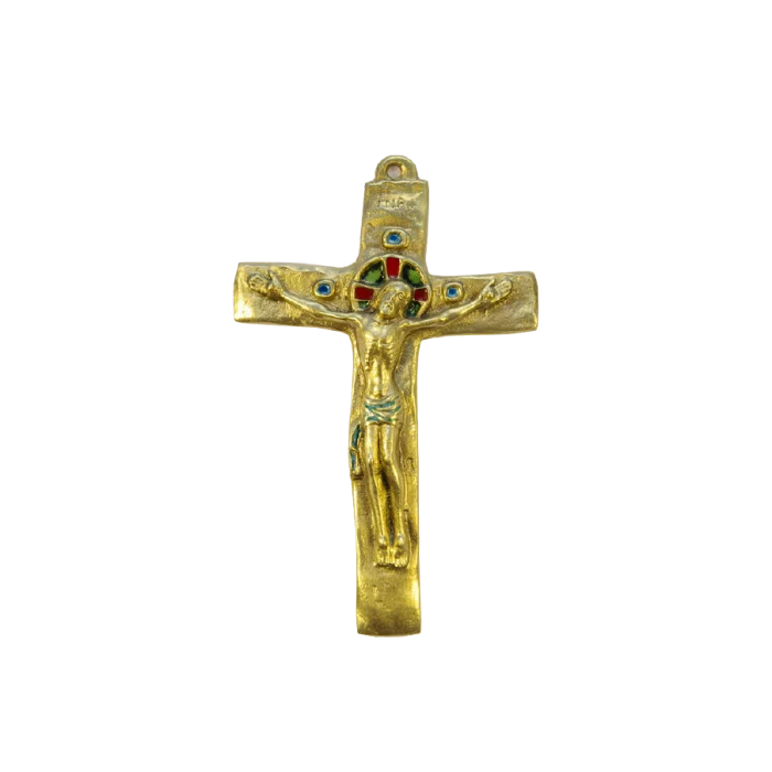 Crucifix en bronze, Christ sur croix émaillée romane INRI  – 15,5 cm – 062