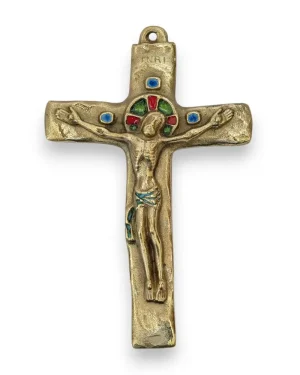 Crucifix en bronze, Christ sur croix émaillée romane INRI – 15,5 cm – 062