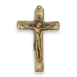 Crucifix en bronze, Christ sur croix émaillée romane INRI – 15,5 cm – 062