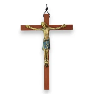 Crucifix en bronze émaillé, sur croix de bois – 18 cm – 170