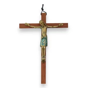 Crucifix en bronze émaillé, sur croix de bois – 18 cm – 170