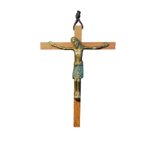 Crucifix en bronze émaillé, sur croix de bois – 18 cm – 170