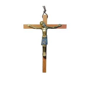 Crucifix en bronze émaillé, sur croix de bois – 18 cm – 170