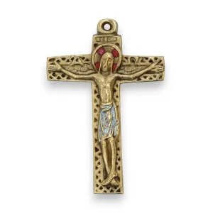 Crucifix travaillé en bronze émaillé, d’inspiration médiévale – 12 cm – 10