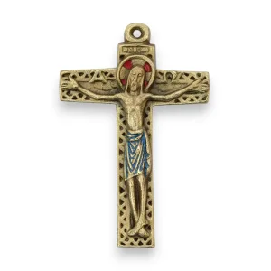 Crucifix travaillé en bronze émaillé, d’inspiration médiévale – 12 cm – 10