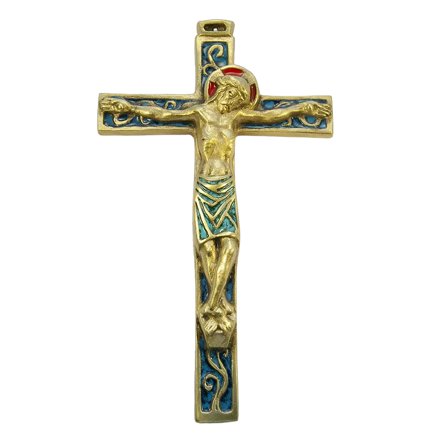 Crucifix - Bronze émaillé - 23 cm - 04 BLEU - Les Tailleurs d'Images