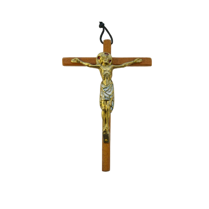 Crucifix en bronze émaillé, sur croix de bois – 18 cm – 0111