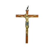 Crucifix en bronze émaillé, sur croix de bois – 18 cm – 0111 bleu | Les Tailleurs d'Images