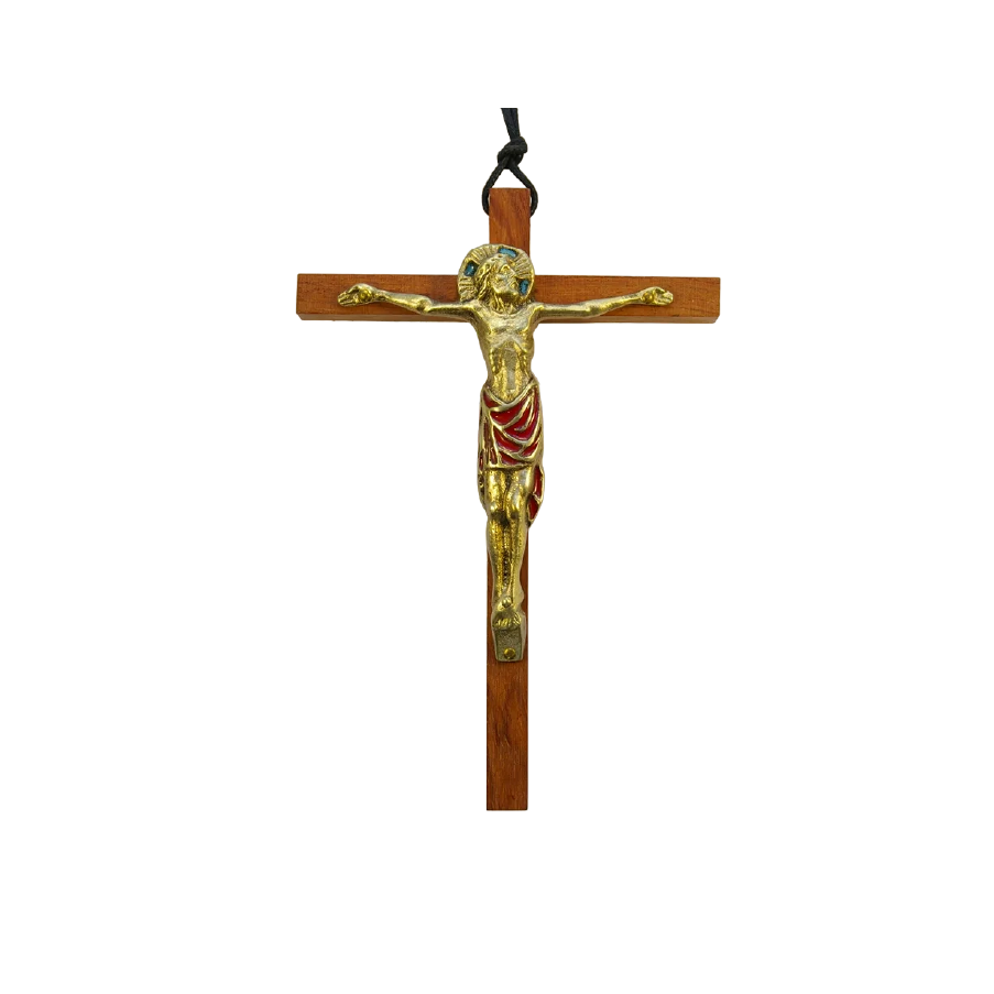 Crucifix en bronze émaillé, sur croix de bois – 18 cm – 0111 rouge | Les Tailleurs d'Images