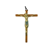 Crucifix en bronze émaillé, sur croix de bois – 18 cm – 0111 vert | Les Tailleurs d'Images