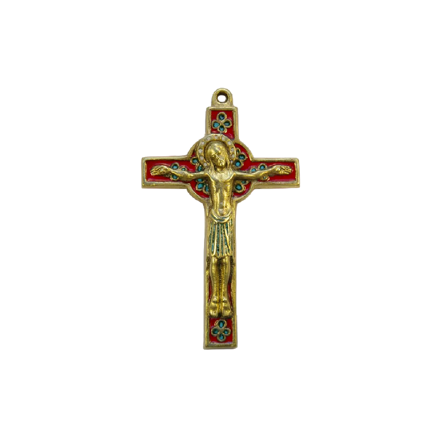 Crucifix sur croix celtique et trèfles en émaux bronze émaillé - 15 cm - 019 rouge | Les Tailleurs d'Images