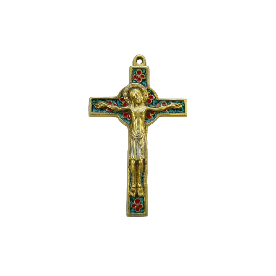 Crucifix sur croix celtique et trèfles en émaux bronze émaillé - 15 cm - 019 vert | Les Tailleurs d'Images