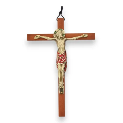 Crucifix en bronze émaillé, sur croix de bois – 18 cm – 0111