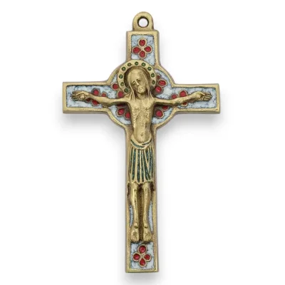 Crucifix sur croix celtique et trèfles en émaux bronze émaillé – 15 cm – 019