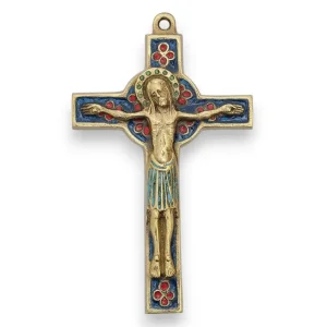 Crucifix sur croix celtique et trèfles en émaux bronze émaillé – 15 cm – 019