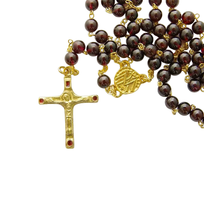 Chapelet en grenat – Crucifix et cabochons – CH10-0202