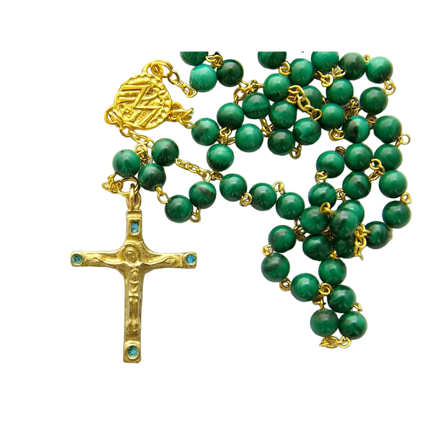 Chapelet en malachite – Crucifix et cabochons – CH12-0202