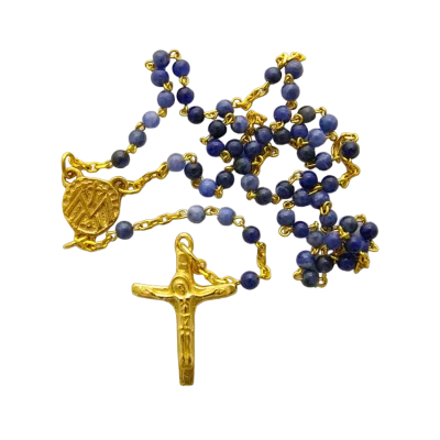 Chapelet bleu en sodalite 4 mm – Crucifix doré 3,2 cm – CH15-0239