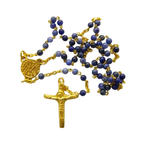 Chapelet bleu en sodalite 4 mm – Crucifix doré 3,2 cm – CH15-0239