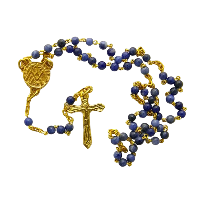 Chapelet doré en sodalite 4 mm – Crucifix doré 2,5 cm – CH15-0240