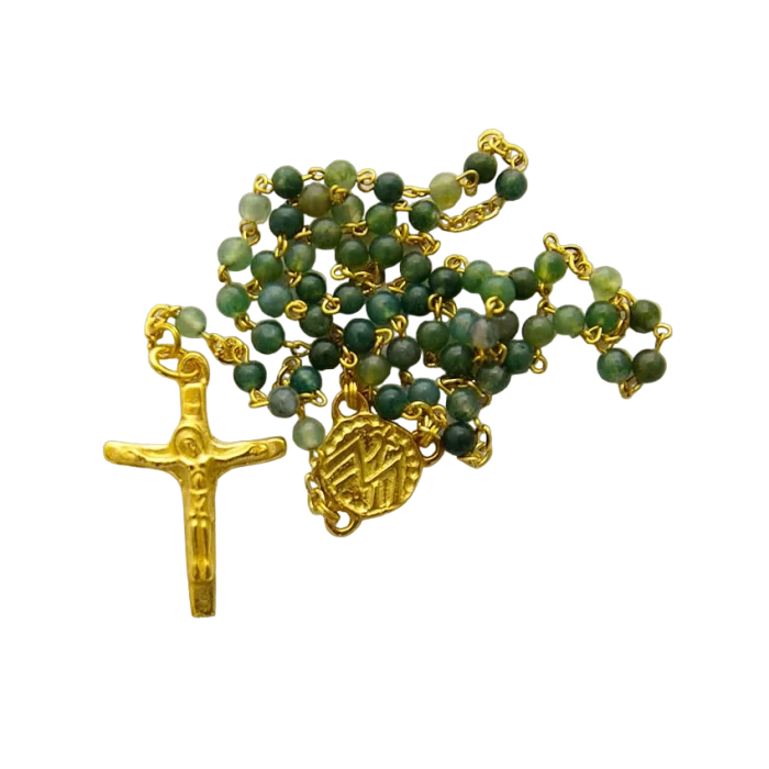 Chapelet en Agate mousse 4 mm – Crucifix doré  3,2 cm – CH16-0239