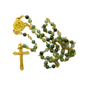 Chapelet doré en agate mousse – Crucifix doré 2,5 cm – CH16-0240