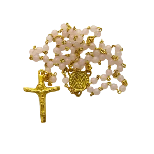 Chapelet en quartz rose 4 mm – Crucifix doré – CH17-0239