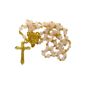 Chapelet doré en quartz rose 4 mm - Crucifix doré plat - CH17-0240