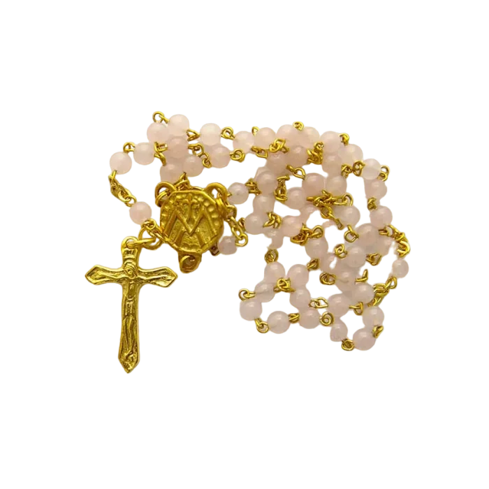 Chapelet doré en quartz rose 4 mm – Crucifix doré – CH17-0240