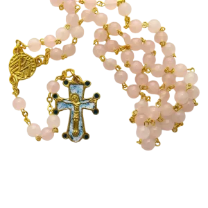 Chapelet en quartz rose et doré – Croix émaillée – CH3-0197