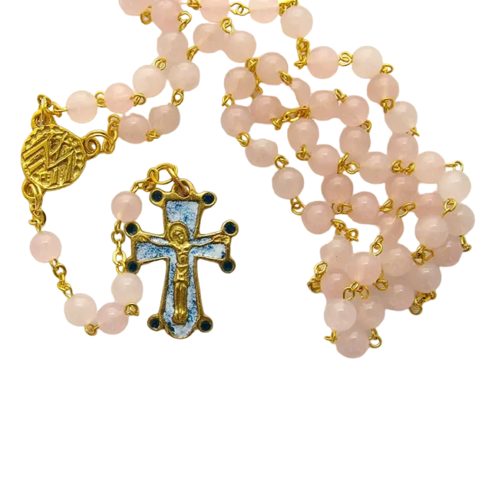 Chapelet en quartz rose et doré – Croix émaillée – CH3-0197