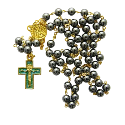 Chapelet en hématite – Croix émaillée – CH5-0181